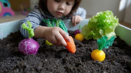 Fototapeta premium A child is playing with a toy garden. The child is holding a carrot and is touching a radish