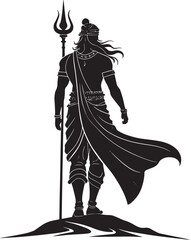 Fototapeta premium Warrior with trident and flowing cape silhouette black and white