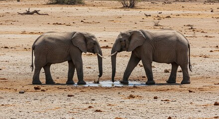 Fototapeta premium Two African Elephants Drinking Water in Hot Arid Landscape