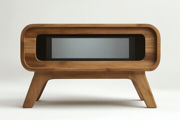 Modern Wooden Entertainment Console with Black Center Screen in Minimalist Room
