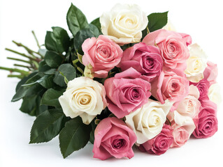 Obraz premium Beautiful bouquet of pink and white roses with lush green leaves, perfect for expressing love and appreciation. vibrant colors and fresh appearance make it ideal for special occasions