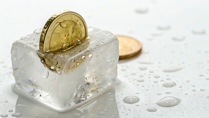 Climate Economic Risk A coin rests on a melting ice cube surrounded by droplets of water.
