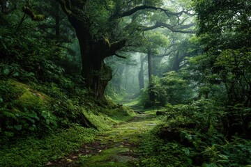 Obraz premium There is a serene path winding through a lush green forest