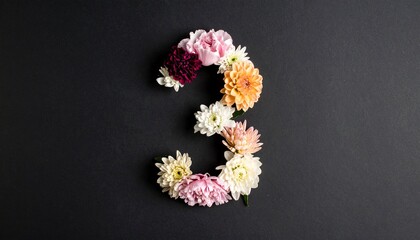 Number 3 made out of flowers with black background. Photo for 3rd birthday or anniversary party