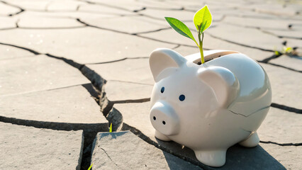 Climate Economic Risk A piggy bank with a sprouting plant sits on cracked pavement, symbolizing growth and resilience.