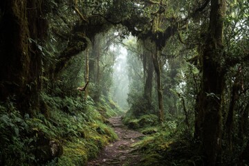 There is a serene path winding through a lush green forest