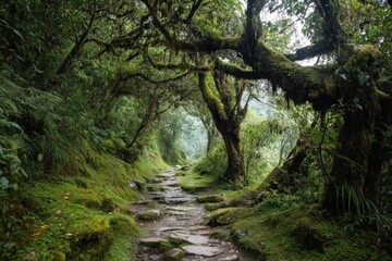 Obraz premium There is a serene path winding through a lush green forest