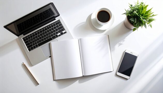 Modern table scene with open catalog mockup, coffee and green plant