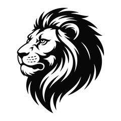 Black and white lion head illustration in side profile, featuring detailed mane and sharp features—symbol of strength, pride, and nobility