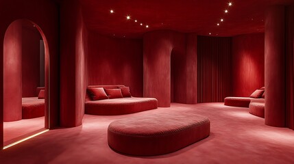 Monochromatic red lounge area with textured walls and minimal decorative lighting