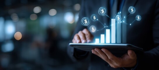 A man in a suit is holding a tablet showing a detailed graph