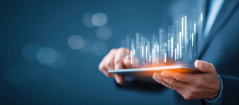 A man in a suit is holding a tablet showing a detailed graph