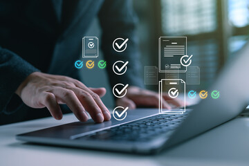 Automated document approval and quality control concept, a professional verifies and manages...
