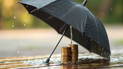 Climate Economic Risk An umbrella protects coins from rain, symbolizing financial security and protection.