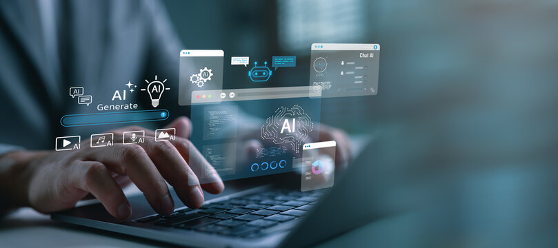 AI content generation platform concept, a user operates multiple intelligent tools including text, image, audio, video creation and chatbot in an all-in-one virtual workspace. Technology AI.