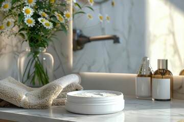 Stylish bathroom vanity featuring skincare products and a flower arrangement in natural light