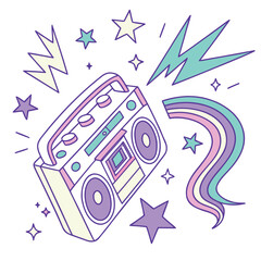 Retro boombox illustration with stars and a rainbow element, perfect for music-themed designs.