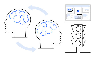 Two human heads with brains connected by arrows, traffic light, and data dashboard. Ideal for communication, analytics, decision-making, collaboration, learning technology innovation. Simple flat