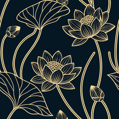 Seamless elegant lotus flower pattern in beige and dark blue for design projects