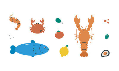 Sea food set with lobster, crab, shrimp, mussels, fish. Flat cartoon vector illustration isolated on white background.