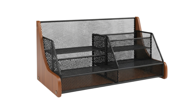 A wooden desk organizer with wire mesh shelves and compartments, offering a practical and stylish storage solution. This organizer helps keep workspaces tidy and efficient.

