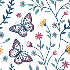 Seamless floral butterfly pattern with colorful flowers and leaves on white background
