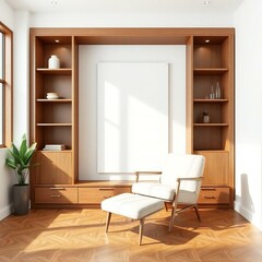 Fototapeta premium Modern living room with wooden shelving armchair and blank canvas bathed in sunlight