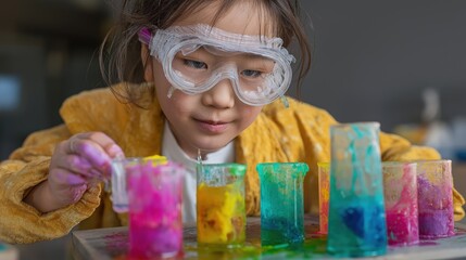 A girl wearing a yellow jacket is looking at a table with several colorful glasses. She is holding a brush and is painting the glasses