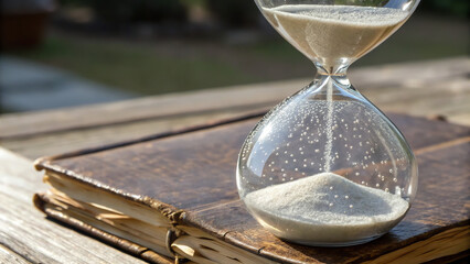 Climate Economic Risk An hourglass on a vintage book rests on a wooden surface, symbolizing the passage of time.