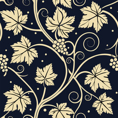 Seamless grape vine pattern with leaves and grapes in elegant beige and dark blue on white background