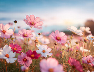 Fototapeta premium Pastel Cosmos Flowers with Soft Focus – Gentle Floral Background