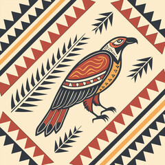 Stylized eagle design with geometric patterns in earthy color palette for cultural illustrations