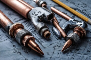 A collection of copper pipes is resting on top of a detailed blueprint