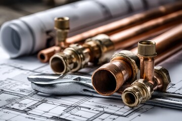A collection of copper pipes is resting on top of a detailed blueprint