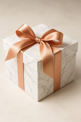 Obraz premium Marble gift box mockup with golden satin ribbon bow on soft background for celebration packaging branding and elegant holiday present visual display