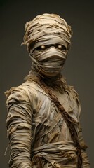 Wrapped mummy with bright eyes poses for a spooky Halloween or horror themed graphic concept.