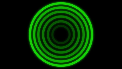 Green concentric circles expanding outwards against a stark black background visual.