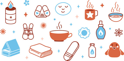 Vector art of a collection of cozy and relaxing items for a spa day at home.