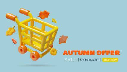 3D Shopping cart with autumn leaves. Sale and discount background design with empty yellow supermarket trolley icon in a cute minimal style. Vector illustration.