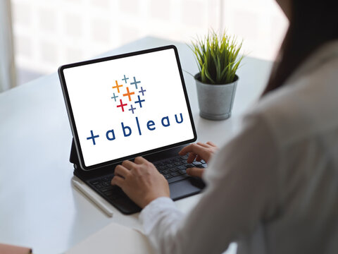 Businesswoman working with tableau software on tablet computer