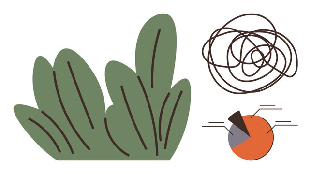 Green leafy bush, scribbled chaotic lines, and a segmented pie chart. Ideal for nature, growth, disorder, analysis, creativity data representation decision-making concepts. Simple flat metaphor