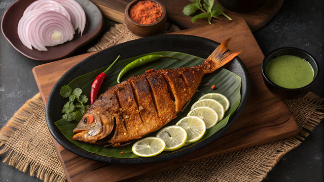 Spicy Fried Masala Fish with Onions and Lemon &ndash; South Asian Seafood Dish on Plate