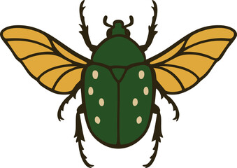 Green Beetle with Open Wings &ndash; Vector Illustration of Flying Insect and Wildlife Symbol
