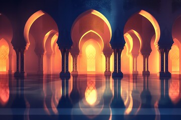Illuminated Arches Reflecting In Calm Water Of A Grand Hall