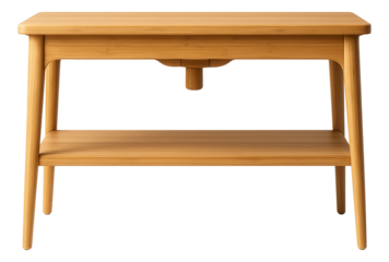 Console under sink made of bamboo, providing an eco-friendly option for a sustainable home bathroom.