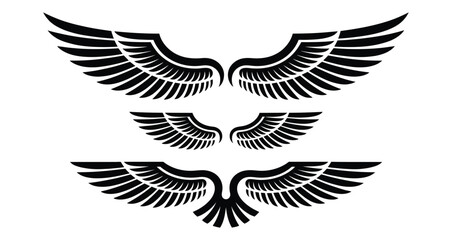 Stylized black wings in three symmetrical pairs, illustrating fantasy flight, angelic symbolism, spiritual ascension, and gothic design
