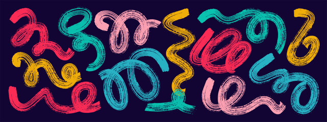 Set of colorful geometric shapes, curls, waves. Squiggle lines, curly brush strokes with hand drawn grunge texture. 