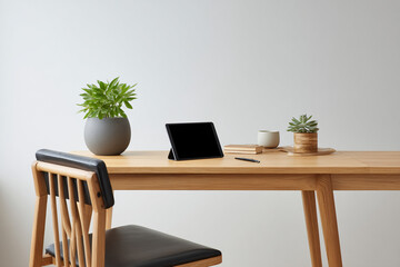 Clean modern desk with tablet, stylus, and single potted plant, light wood surface and black chair
