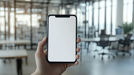 Hand Holding Smartphone Blank Screen Modern Office