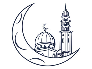 Elegant crescent moon and mosque illustration representing islamic culture and tradition